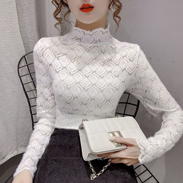 Women's Clothing Autumn Bottoming Shirt Lace Shirt Mesh T Shirt Fashionable Inner Wear Sanded Thin Long Sleeved Top_voghion.com