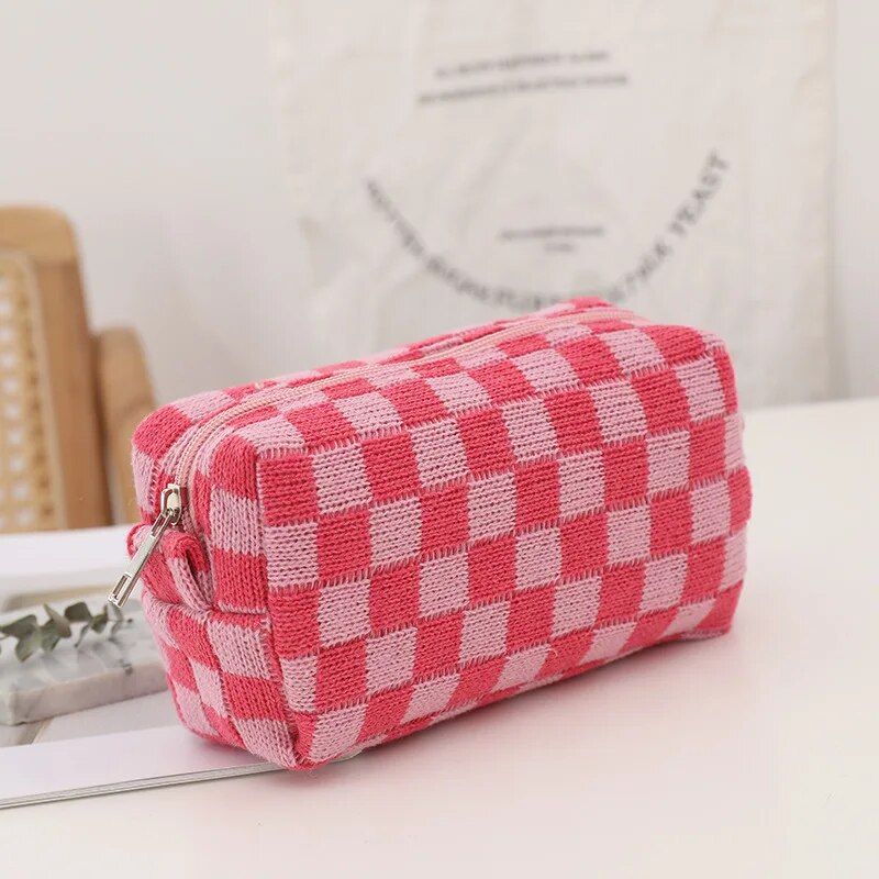 Ins Checkerboard Strickkosmetiktasche für Damen Große Gitter-Make-up-Taschen Plaid Multifunktions-Aufbewahrungs-Organizer-Tasche_voghion.com