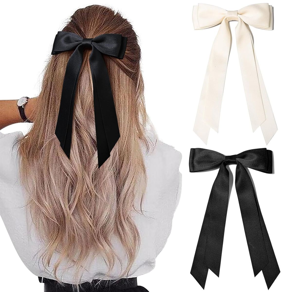 2 pezzi di clip in raso di seta con cinturino per capelli bianco nero, accessori per staffa per coda di cavallo, clip in metallo con fiocco per donna,_voghion.com