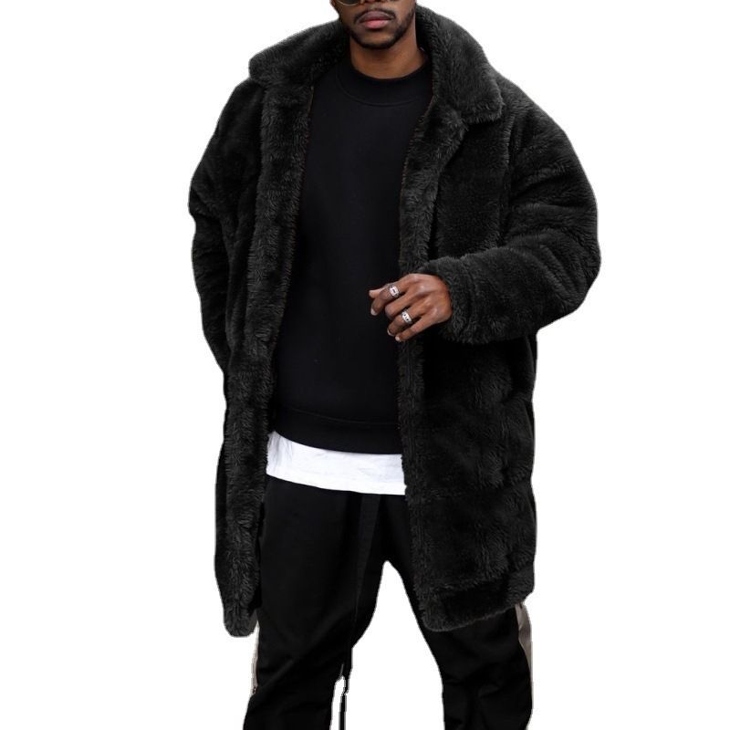 Men's clothing fur coat loose simple solid color long long sleeve warm loose jacket_voghion.com