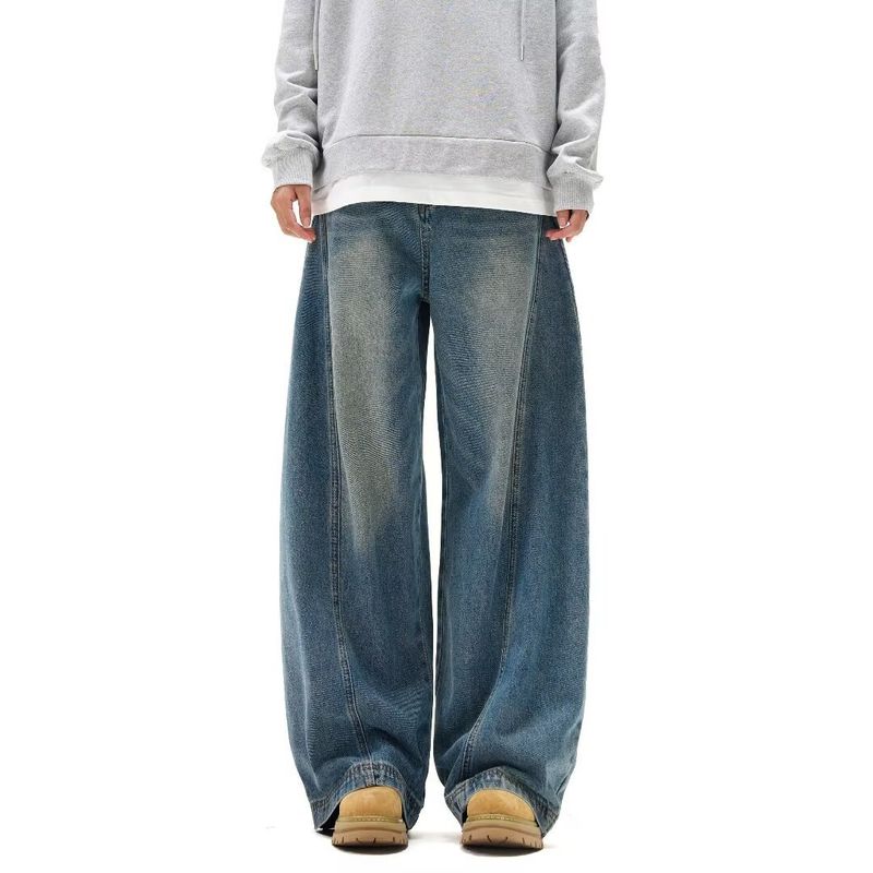 Herrenbekleidung Retro Stitching Scimitar Jeans Lockere, weite Beine Hübsche, übergroße, dekonstruierte, drapierte Hose mit weitem Bein_voghion.com