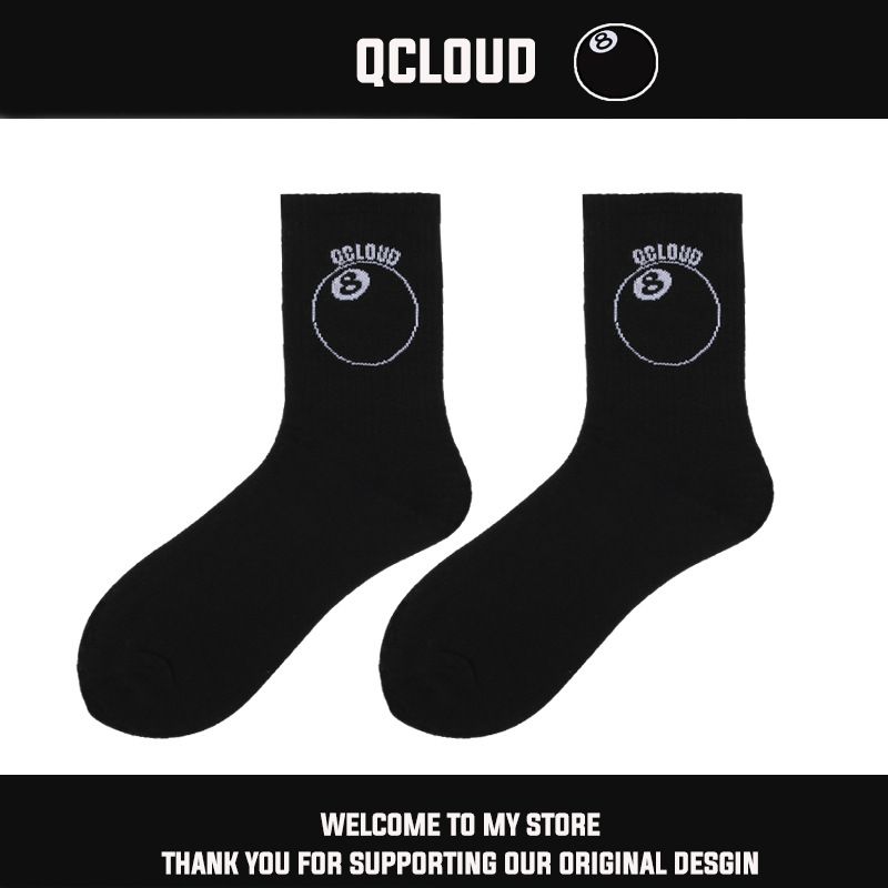 2025d QCLOUD New Street Fashion Classic Black Eight 8 Ball Long Tube Cotton Unisex Couple Socks_voghion.com
