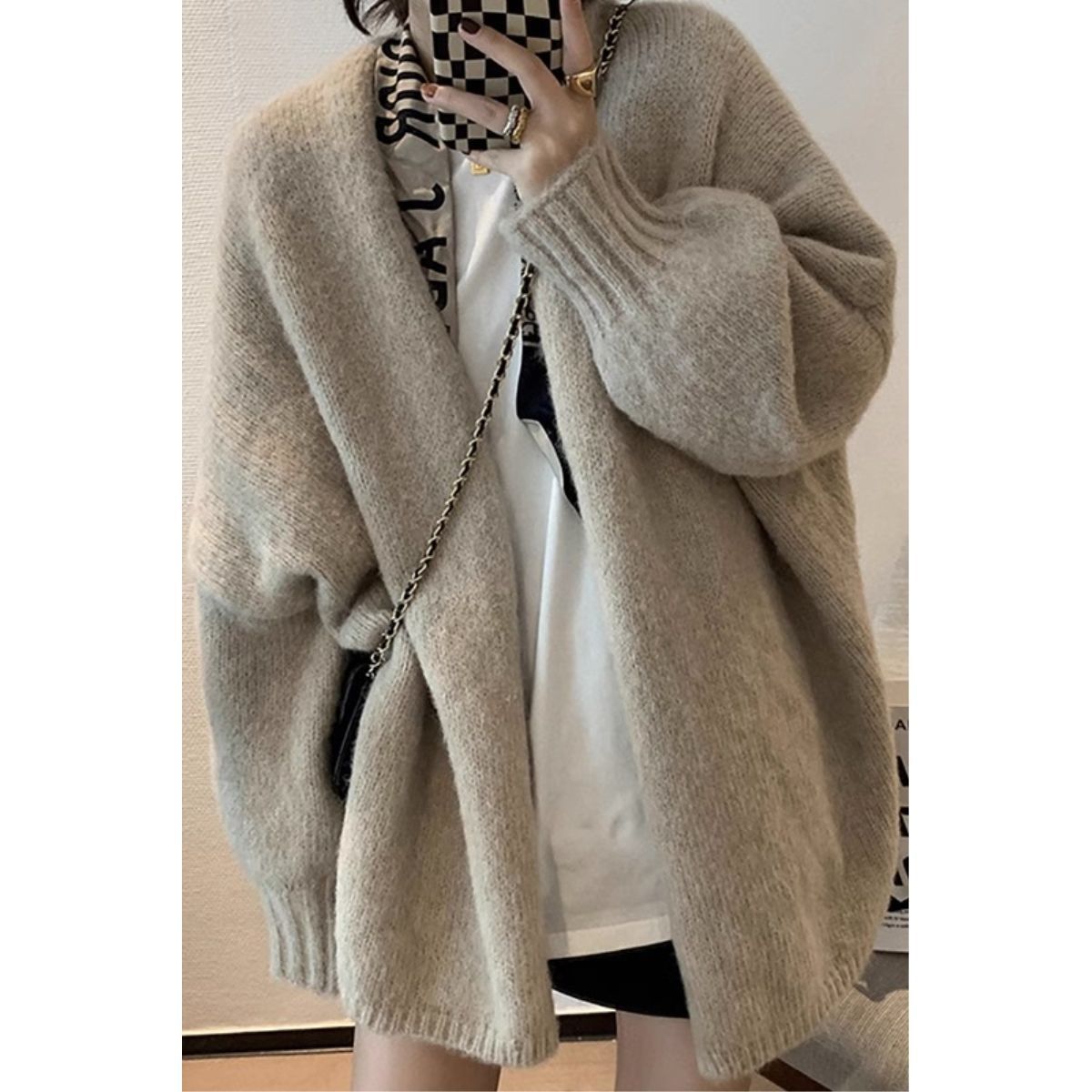 Soft Knit Cardigan – Oversized V-Neck Open Front Sweater With Princess Sleeves, Ribbed Texture In Oatmeal & Gray (S-XL)_voghion.com