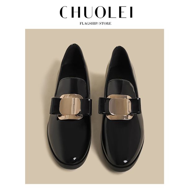 Loafers Naisten 2025 kevään uutuus musta kiiltävä kulta solki tasaiset ranskalaiset temperamentti neliövarvas englantilainen tyyli pieni_voghion.com