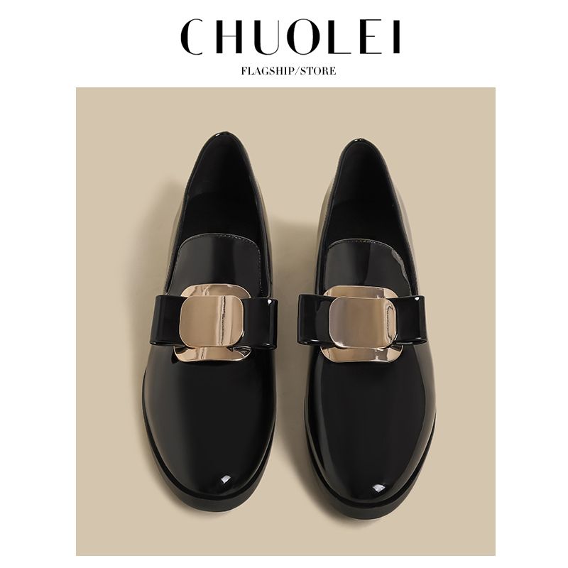 Loafers Women's 2025 Spring New Arrival Black Glossy Gold Buckle Flats French Temperament Square Toe English Style Small_voghion.com