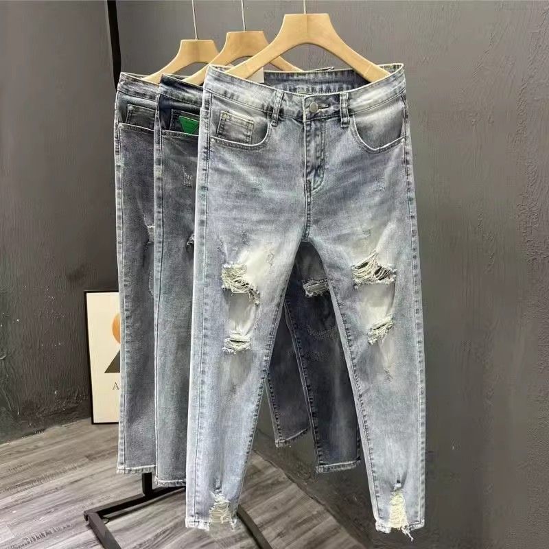 Ins Korean Version Men's Ripped Hole Slim Fit Nine Inch Jeans Summer Youth Fashion Light Blue Rotten Legs Tight Fitting_voghion.com