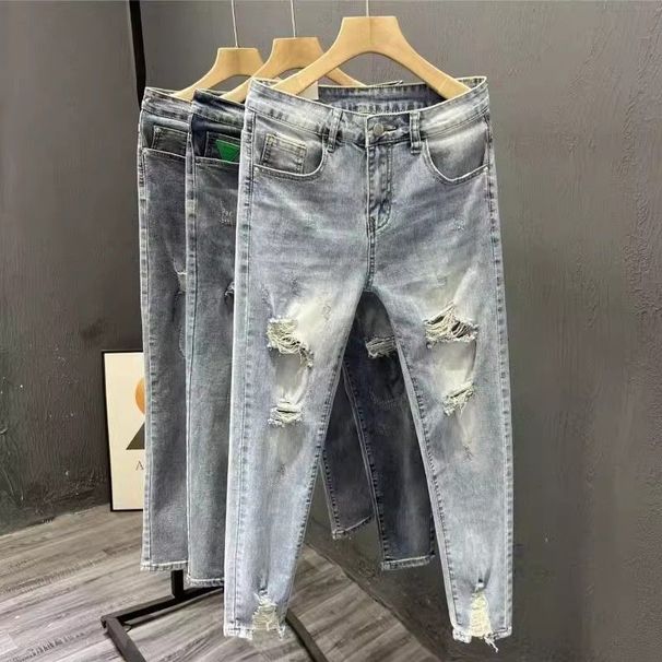 Ins Korean Version Men's Ripped Hole Slim Fit Nine Inch Jeans Summer Youth Fashion Light Blue Rotten Legs Tight Fitting_voghion.com