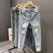 Ins Korean Version Men's Ripped Hole Slim Fit Nine Inch Jeans Summer Youth Fashion Light Blue Rotten Legs Tight Fitting_voghion.com