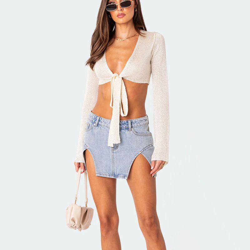 Cardigan tricoté court nombril sexy pour femme, col en v_voghion.com