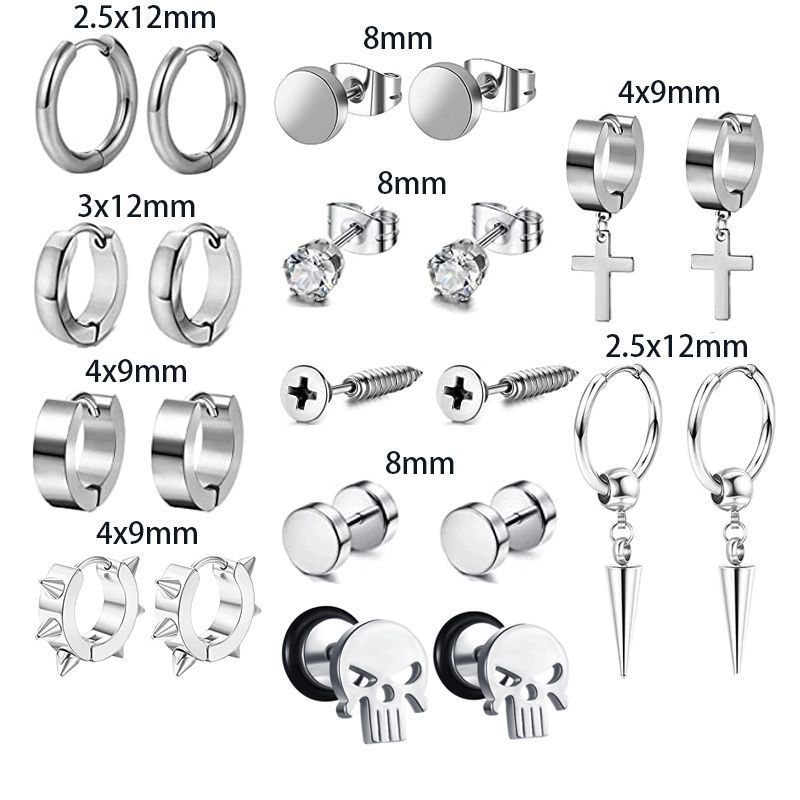 Fashion  Cross Earrings Stainless Steel Earrings Earrings Dumbbell Screws Round Barbell Men's Earrings 11 Pairs_voghion.com