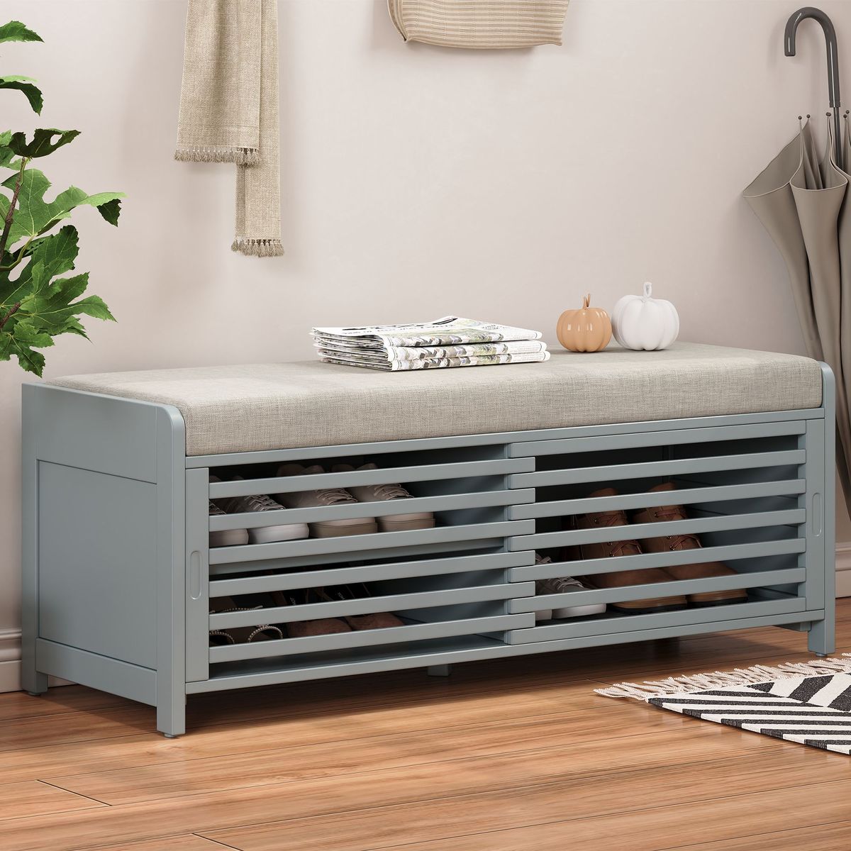 Distressed Shutter Storage Bench With Acacia Veneer For Retro Charm For Living Room,Entryway_voghion.com