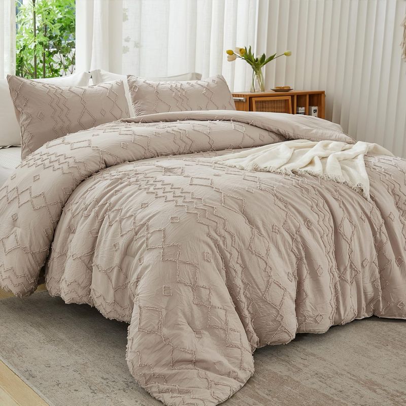 Atmungsaktive Bettdecken-Sets in Queen-Size, Ganzjahres-Daunen-Alternative, Steppdecken-Set, Hellkhaki, Rautenwellen-Tufting-Steppdecke, dreiteiliges Set_voghion.com