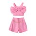 Conjunto de pantalones cortos con cadena decorativa y lazo en un solo pecho de color liso para niñas de verano 2024_voghion.com