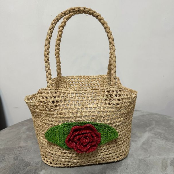 Borsa a mano in rafia stile francese, casual, fatta a mano, piccola, intrecciata con erba rosa 3D_voghion.com