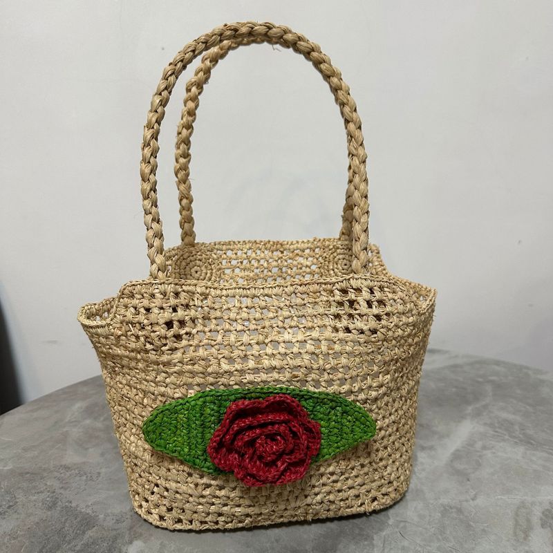 Torebka z rafii w stylu francuskim, swobodna, ręcznie robiona, mała, pusta, tkana torebka z motywem róży i trawy 3D_voghion.com