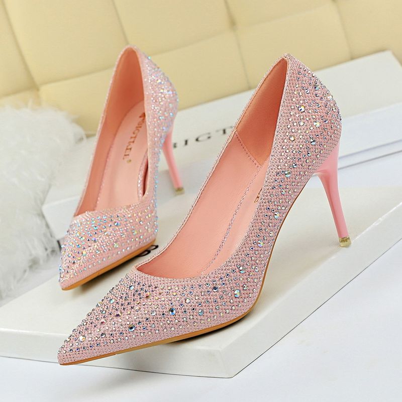 Fashion banquet women's high heels thin heel shallow mouth pointed head sexy thin rhinestone colored diamond high heel shoes_voghion.com