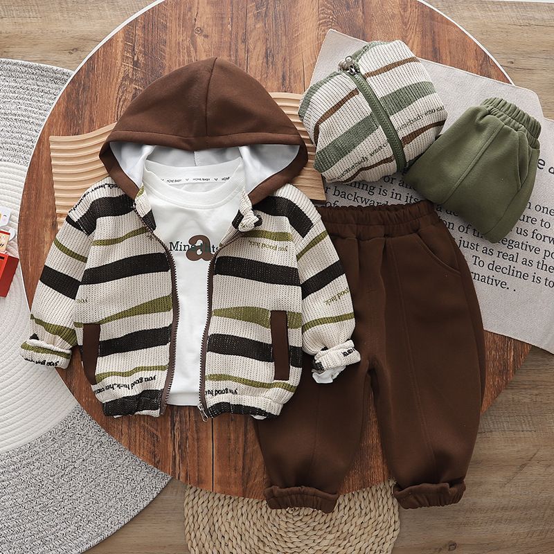 2024 autumn new striped hooded sweatshirt long sleeved three piece for boys' baby casual pants set_voghion.com