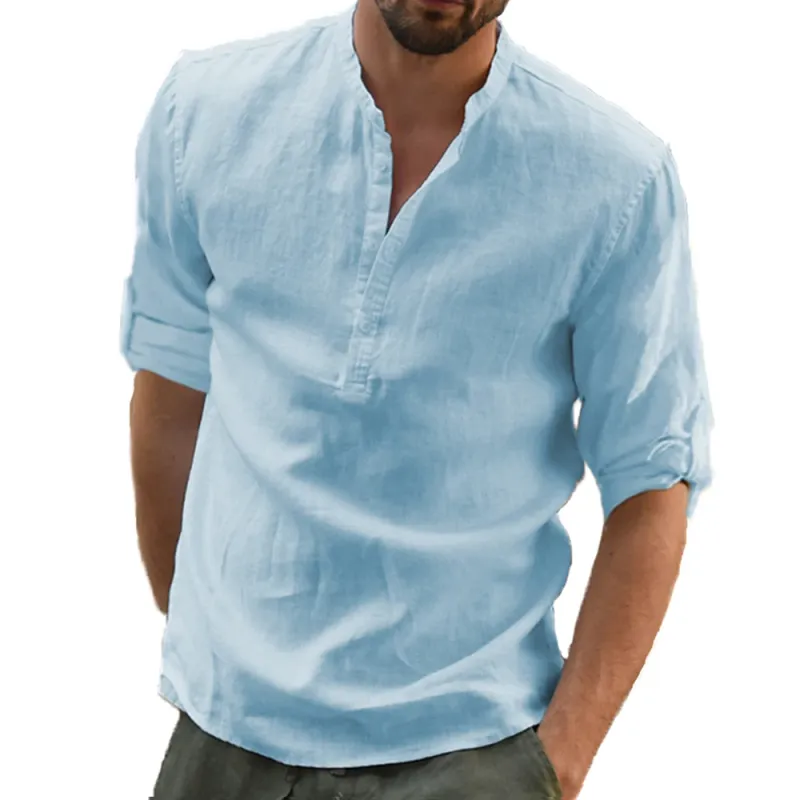 Camicie a maniche lunghe in cotone, estive, tinta unita, con colletto alto, casual, stile spiaggia, taglie forti, da uomo, in lino_voghion.com