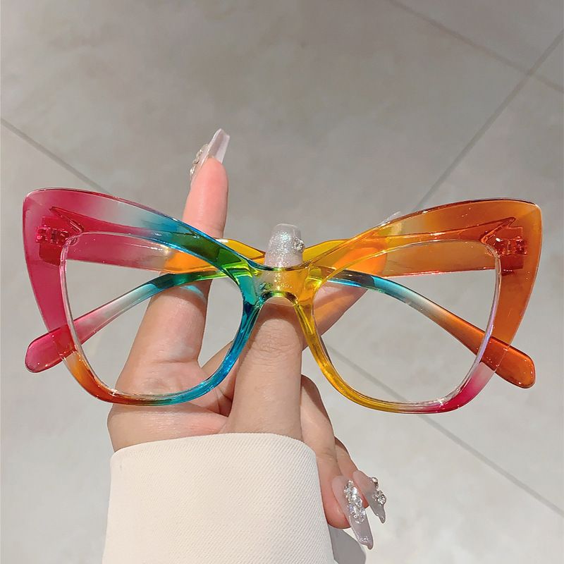 Fengins New Trendy Large Frame Cat Eye Anti Blue Glasses Personalized Color Blocked High Beauty Flat Light Mirror_voghion.com