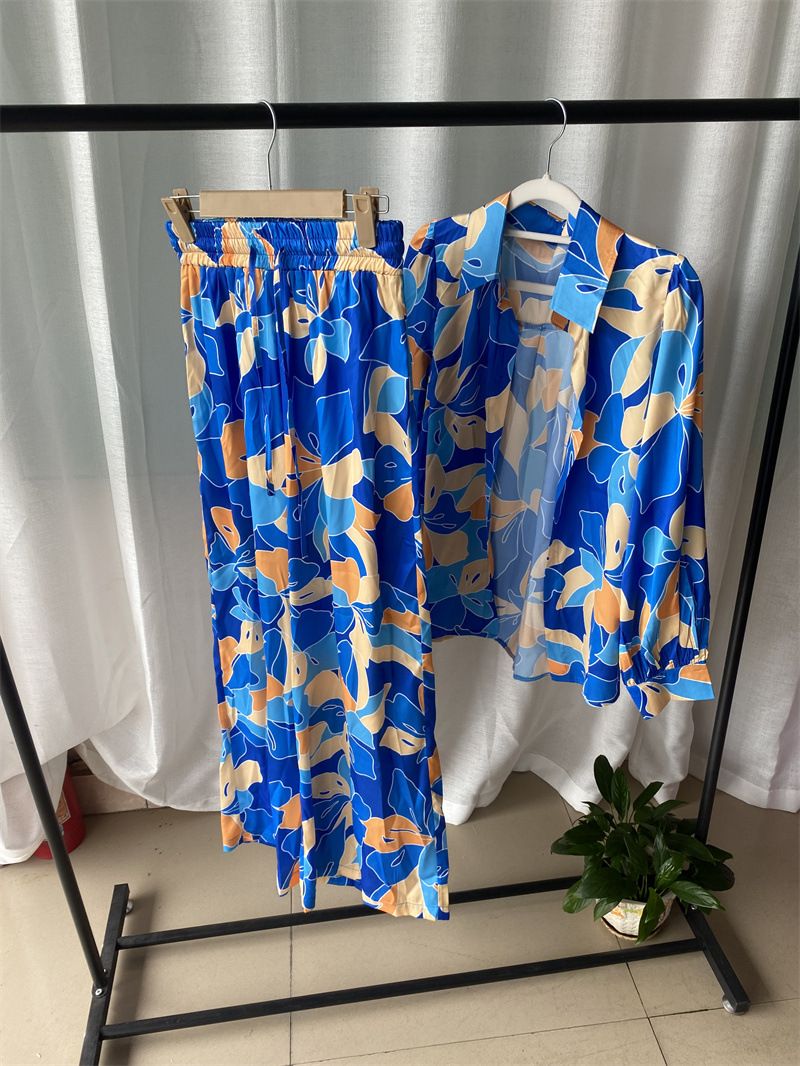 Women's Clothing new fashion printed bubble long-sleeved shirt lace-up wide-leg pants two-piece suit_voghion.com