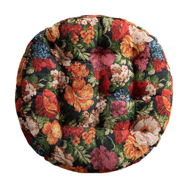 Cojín de suelo redondo de 55 cm de algodón y lino con estampado floral (base antideslizante, relleno de PP, 8 cm de grosor, estilo bohemio y rústico)._voghion.com