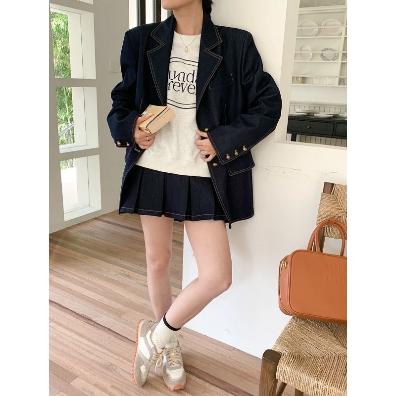 Elegantes Herbst-Bürokleidungsset – Damenblazer und Rockanzug in Marineblau, Baumwoll-Polyester-Mischung für berufliche und legere Anlässe_voghion.com