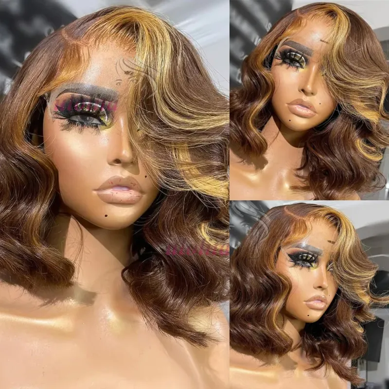 Evidenzia Ombre Trasparente Body Wave Corto Bob Parrucche di Capelli Umani Parrucca Frontale in Pizzo per Donne Biondo Miele_voghion.com