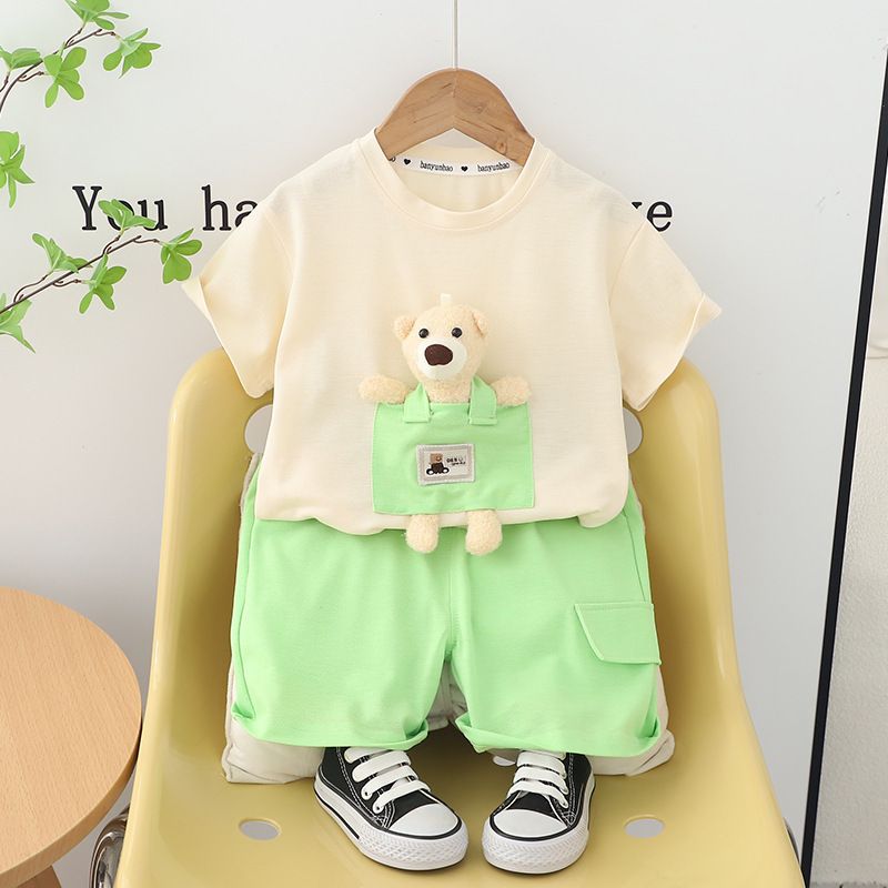 Set de vară din două piese cu buzunar 3D Bear Pocket 2024, tricou nou cu mânecă scurtă și casual pentru băieți și fete_voghion.com