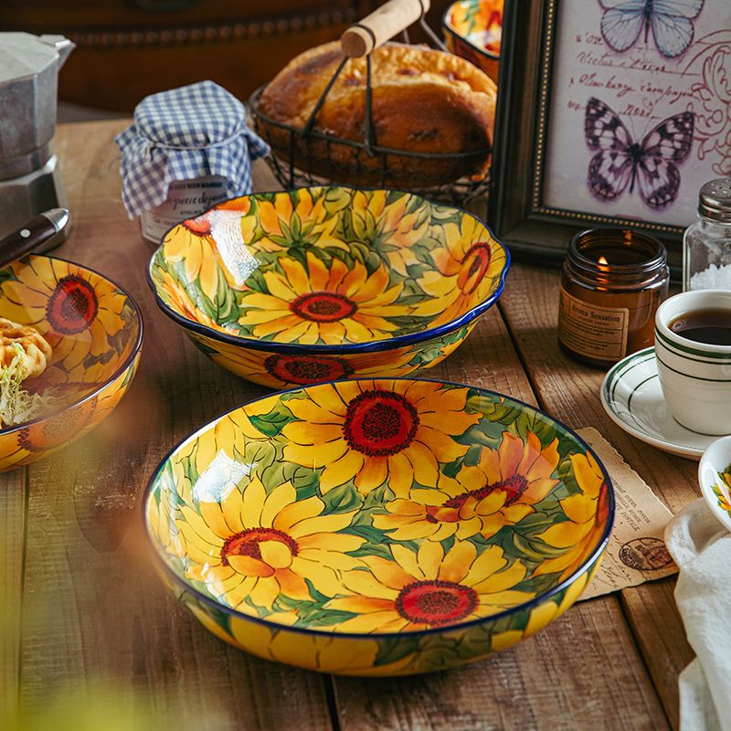 Set Of 2 Sunflower Ceramic Plates - Elegant Hand-Painted Polish Underglaze Art Dishes - Luxury Bohemian Tableware - Vintage Floral Serving Platters_voghion.com