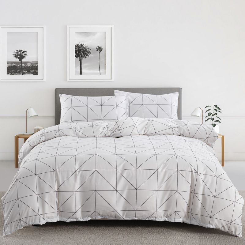 White Plaid Print Quilt Cover Duvet Cover Bedding Three Piece Set In Soft Polyester - Milled Velvet Texture_voghion.com