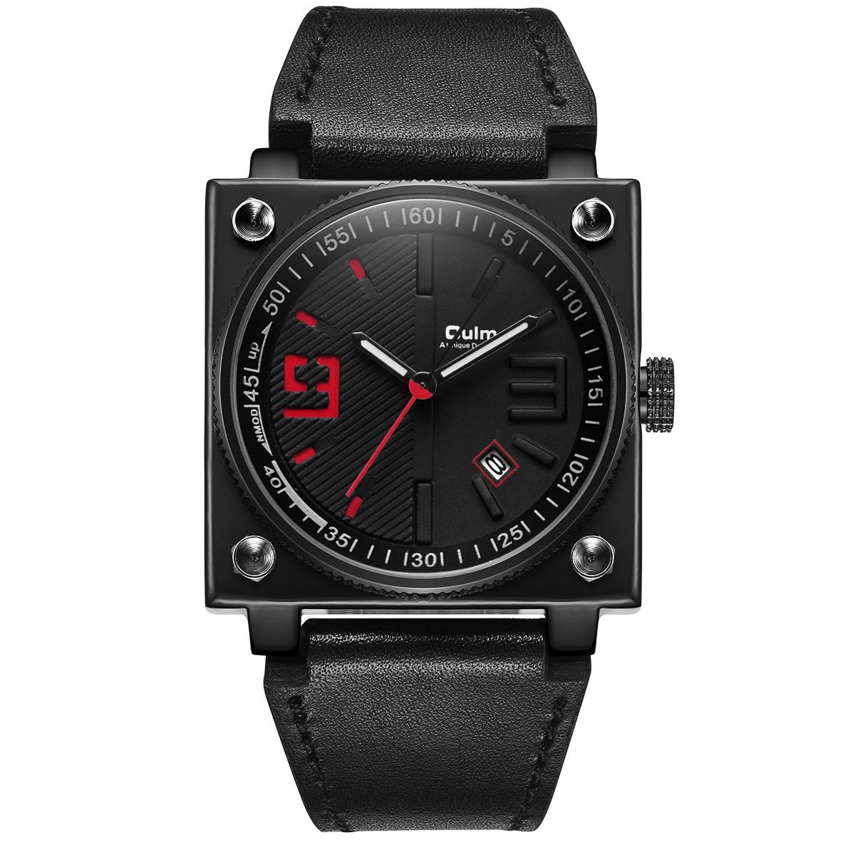 Men's Stylish Square Leather Strap Quartz Watch With Date And Week Display - Japanese PC32 Movement, Mineral Crystal, Stainless Steel Buckle_voghion.com
