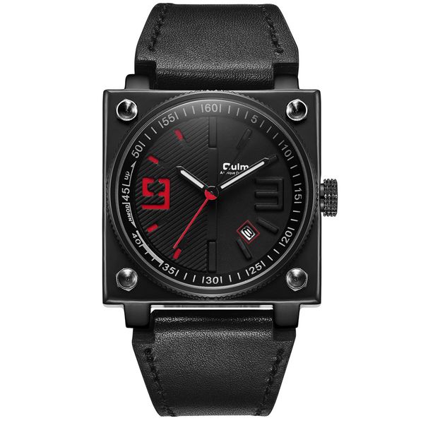 Men's Stylish Square Leather Strap Quartz Watch With Date And Week Display - Japanese PC32 Movement, Mineral Crystal, Stainless Steel Buckle_voghion.com