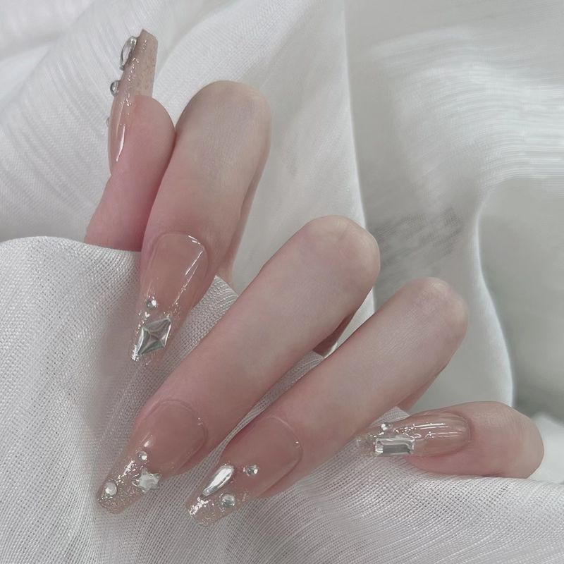 Nep draagbare 24 stuks nagels druk op kunstmatige nageltips met lijm witte strass-steentjes ontwerp ballerina valse nai_voghion.com