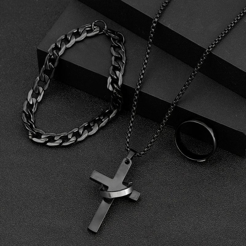 Nieuwe roestvrijstalen ring, modepersoonlijkheid, kruisketting, Cubaanse ketting, titanium stalen sieradenset voor heren_voghion.com