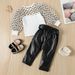 Mother Kids Girls Flocking Polka Dot Puff Sleeve Stitching Top Belt Leather Trousers Suit_voghion.com