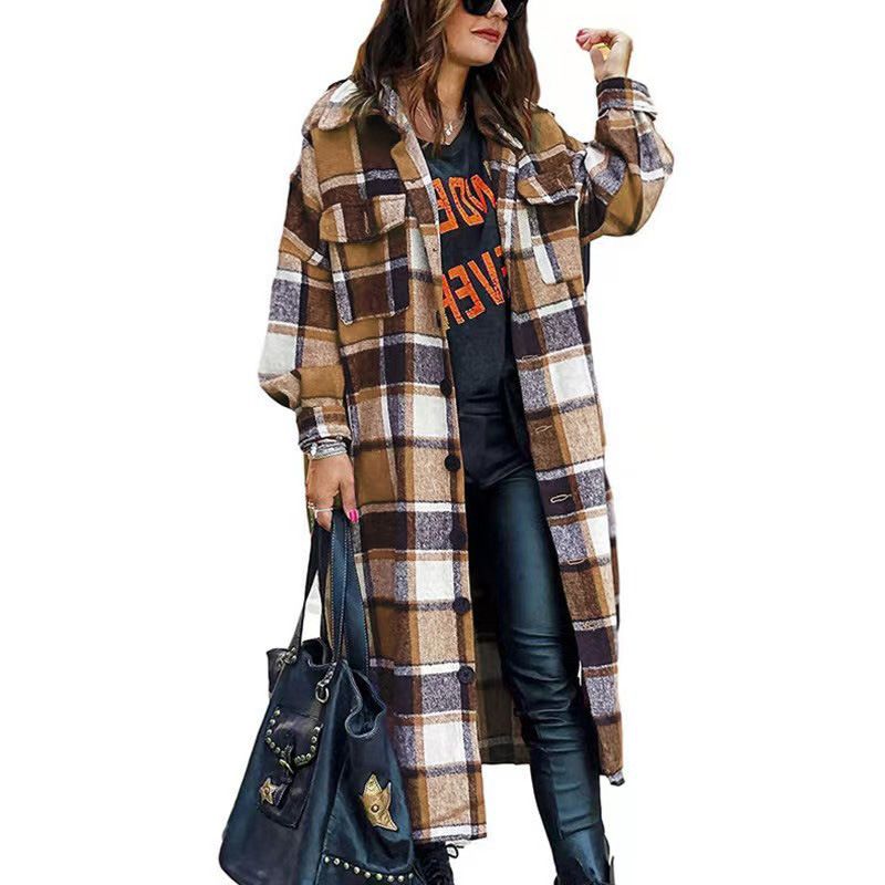 Women's trench coat lapel side slit woolen plaid coat coat_voghion.com