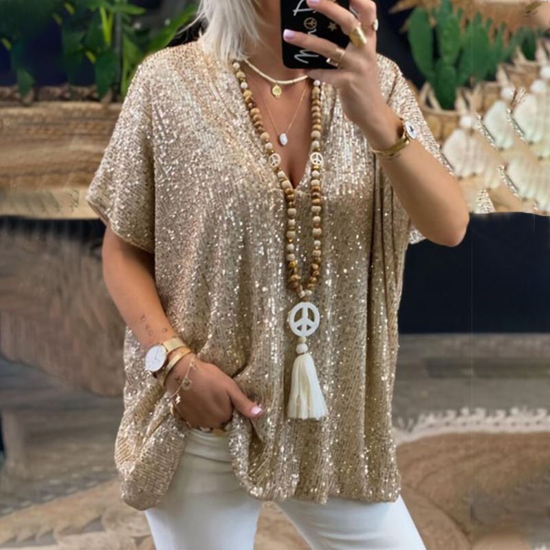 Women's short-sleeved urban casual color loose pullover sequin V-neck T-shirt top_voghion.com