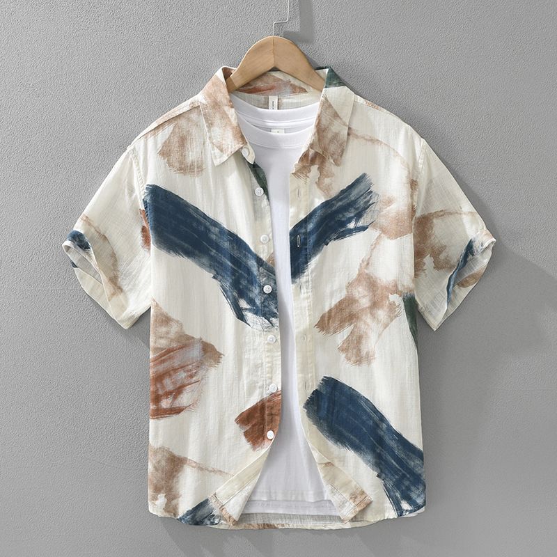 Printed Fresh Short Sleeved Shirt For Men, Fashionable And Versatile, Artistic And Casual Loose Top_voghion.com