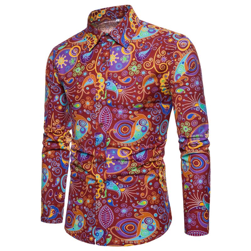 Camicia casual a maniche lunghe stampata da uomo, nuova moda primaverile e autunnale, camicia dimagrante in lino con motivo maschile_voghion.com