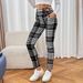Leggings foderati in pile con tasche, modello scozzese, vestibilità slim, modello scozzese, modello da donna, modello scozzese, modello a quadri, modello a quadri, pantaloni invernali caldi e comodi_voghion.com