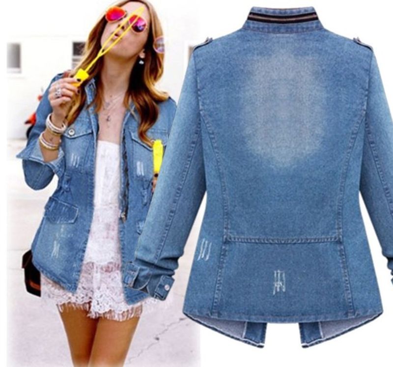 Giacca in denim moda multitasche da donna per donna_voghion.com