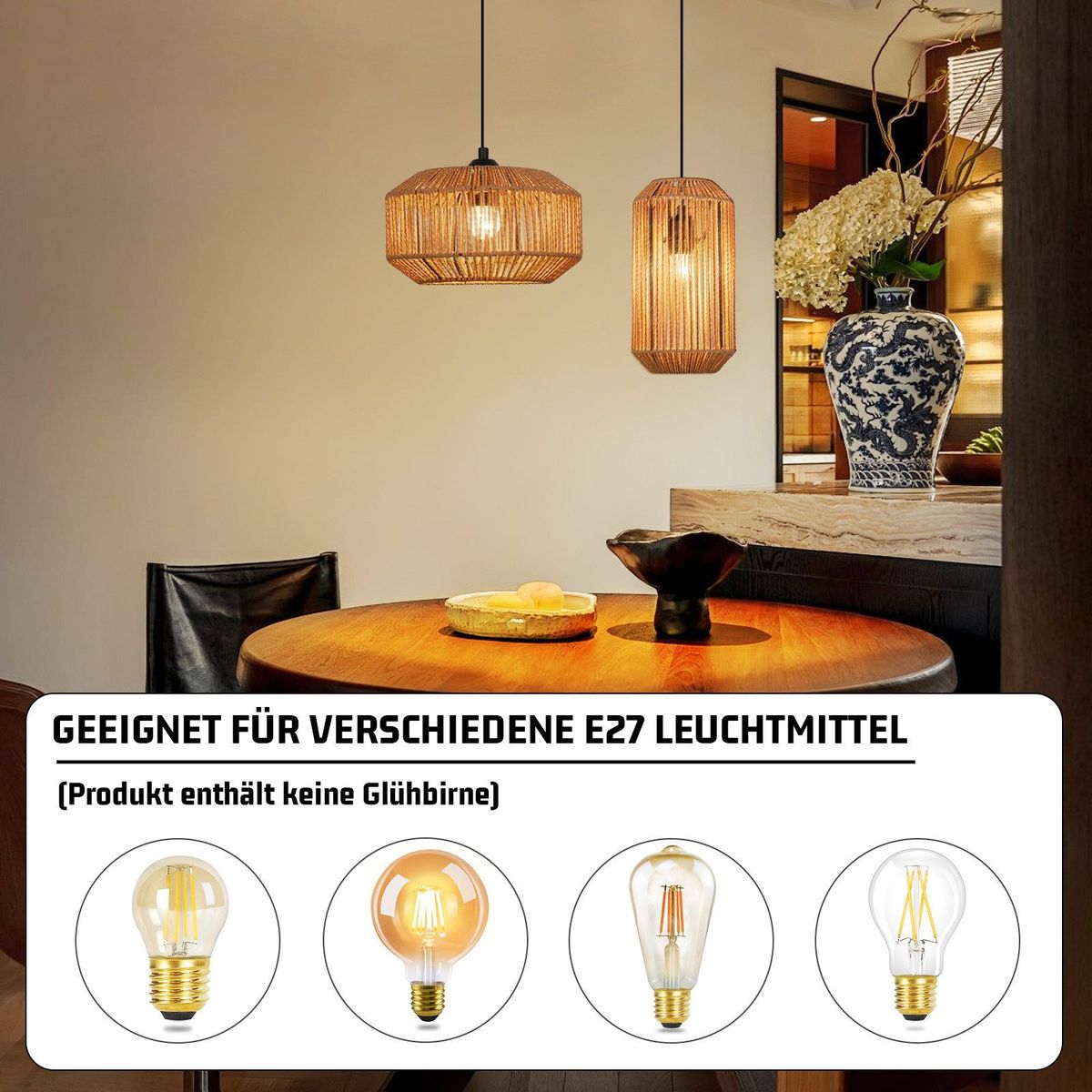 Glitzerlife Pendelleuchte 1 Flammig Esstisch Hängelampe Vintage - Pendellampe Esstischlampe Hanfseil Laterne Design E27 Hängeleuchte Für Schlafzimmer Wohnzimmer_voghion.com