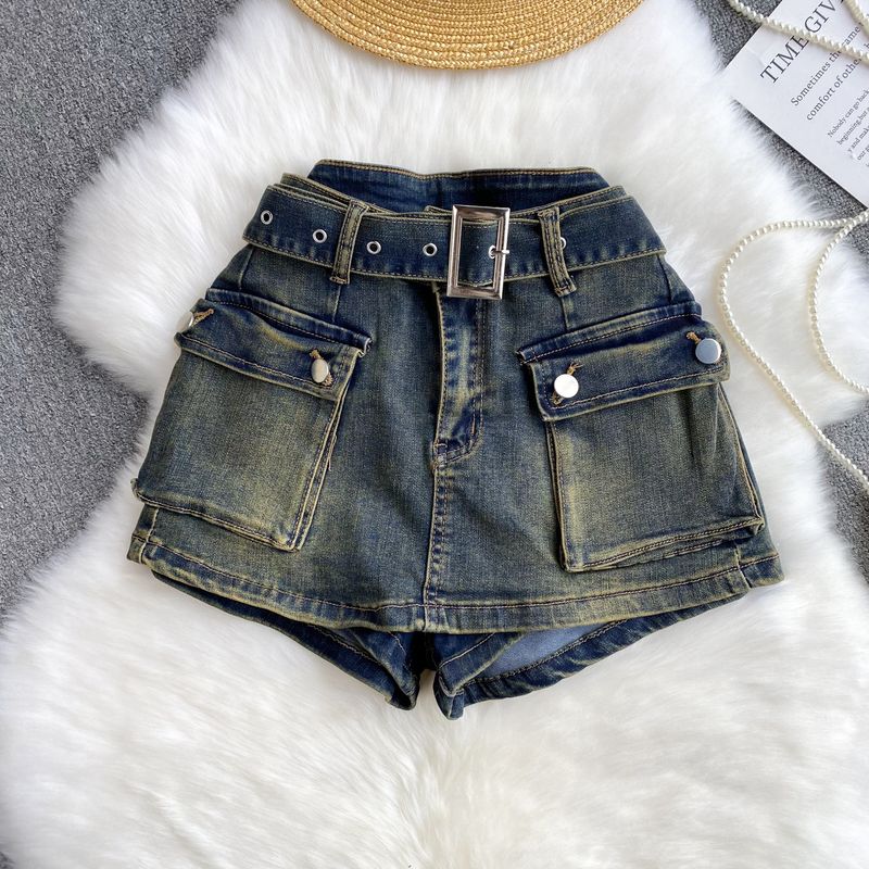 ​Women's Retro High Waist Denim Shorts - Distressed Wide Leg Workwear Style, Vintage American Fit​​_voghion.com