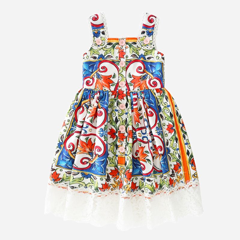 Haine pentru copii Rochie pentru copii Rochie de vară cu imprimeu ceramic colorat Rochie slim fit_voghion.com