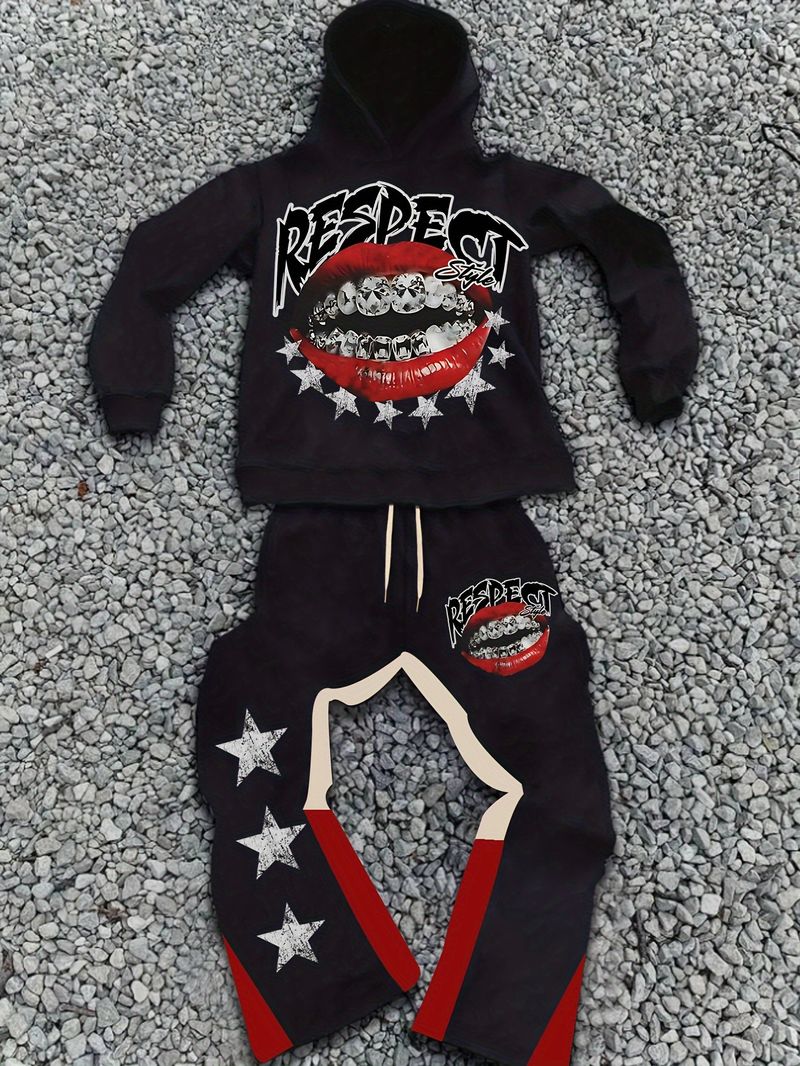 Men's Clothing Men's Street Black Hooded Sweatshirt Flared Pants Suit Red Lips And Diamond Teeth_voghion.com