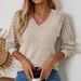 Eleganter, einfarbiger Strickpullover für Damen mit Häkeldetails, lange Ärmel, lockerer Schnitt, V-Ausschnitt, lange Ärmel_voghion.com