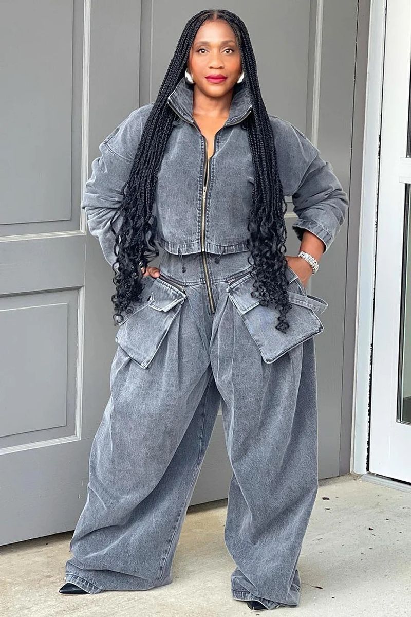 Fashion Retro Wide Leg Wide Heavy Denim Two Piece Suit Women's Clothing_voghion.com