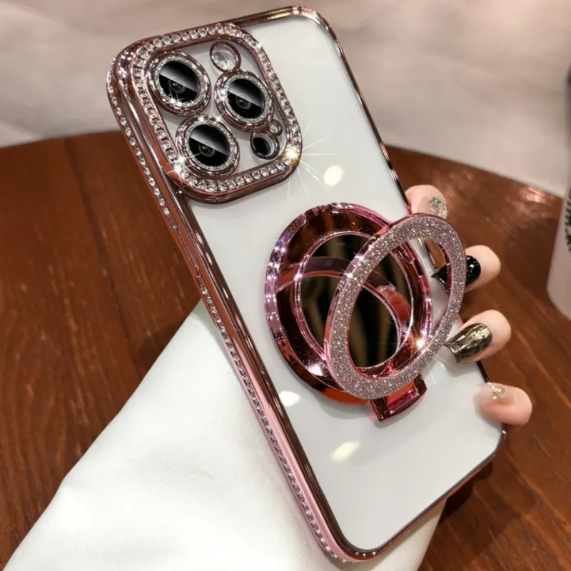Vysoce kvalitní zrcadlový stojánek s třpytivými kamínky a magnetickým průhledným ochranným krytem pro iPhone 15 14 11 12 13 16 Pro Max 15 Plus_voghion.com