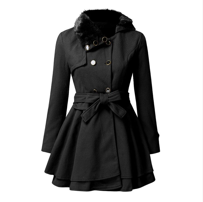 Langer Wollmantel mit schmaler Passform für Damen, zweireihiger Wollmantel, Trenchcoat_voghion.com