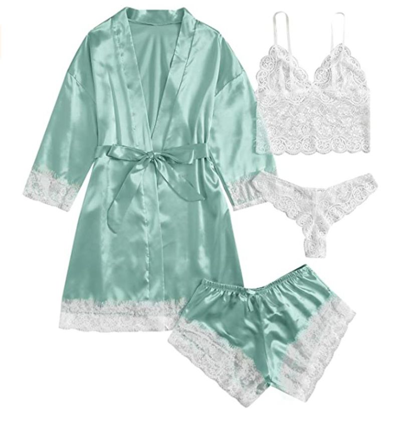 Sexy and interesting cross border foreign trade women's pajamas four piece set large size nightgown sling suit outer wear home clothes_voghion.com